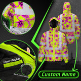 Hi Vis Jacket Waterproof Reflective Tapes Pink Neon And Lime Flowers Custom Name Safety Workwear For Workers, Truckers, Operators