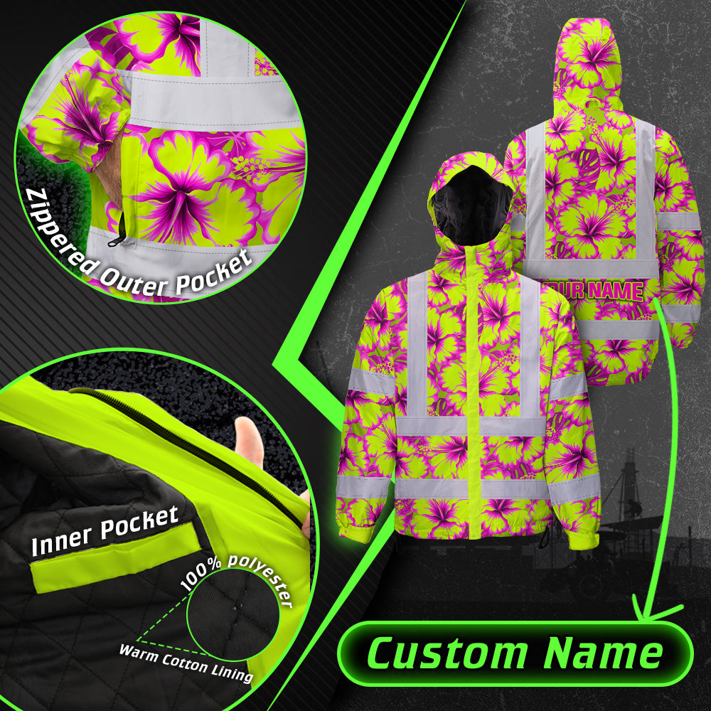 Hi Vis Jacket Waterproof Reflective Tapes Pink Neon And Lime Flowers Custom Name Safety Workwear For Workers, Truckers, Operators