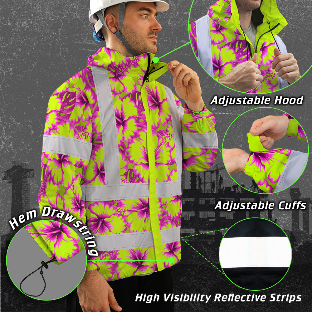 Hi Vis Jacket Waterproof Reflective Tapes Pink Neon And Lime Flowers Custom Name Safety Workwear For Workers, Truckers, Operators