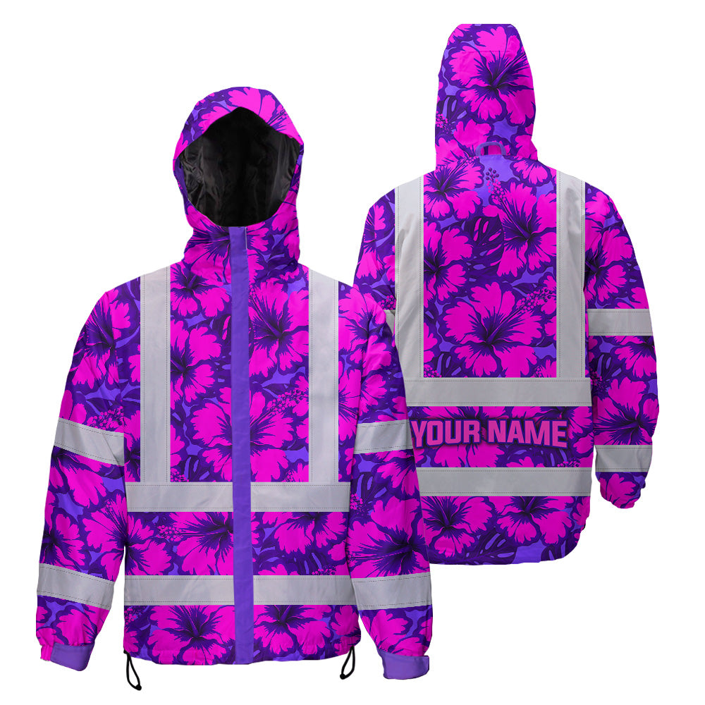Hi Vis Jacket Waterproof Reflective Tapes Violet Neon And Pink Flowers Custom Name Safety Workwear For Workers, Truckers, Operators