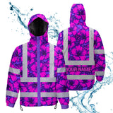 Hi Vis Jacket Waterproof Reflective Tapes Violet Neon And Pink Flowers Custom Name Safety Workwear For Workers, Truckers, Operators