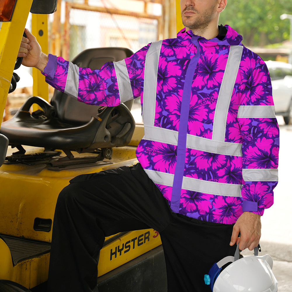 Hi Vis Jacket Waterproof Reflective Tapes Violet Neon And Pink Flowers Custom Name Safety Workwear For Workers, Truckers, Operators
