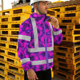 Hi Vis Jacket Waterproof Reflective Tapes Violet Neon And Pink Flowers Custom Name Safety Workwear For Workers, Truckers, Operators