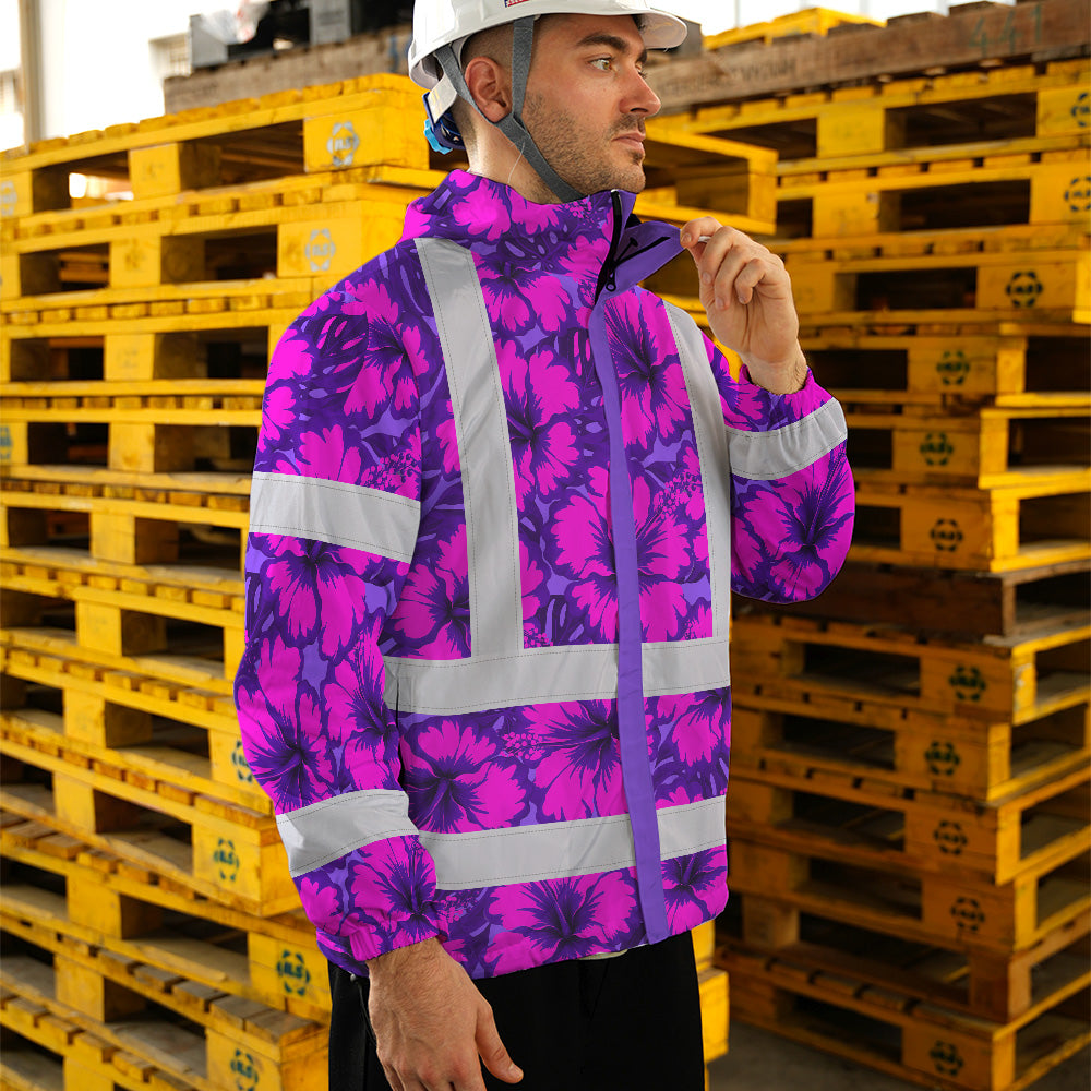 Hi Vis Jacket Waterproof Reflective Tapes Violet Neon And Pink Flowers Custom Name Safety Workwear For Workers, Truckers, Operators