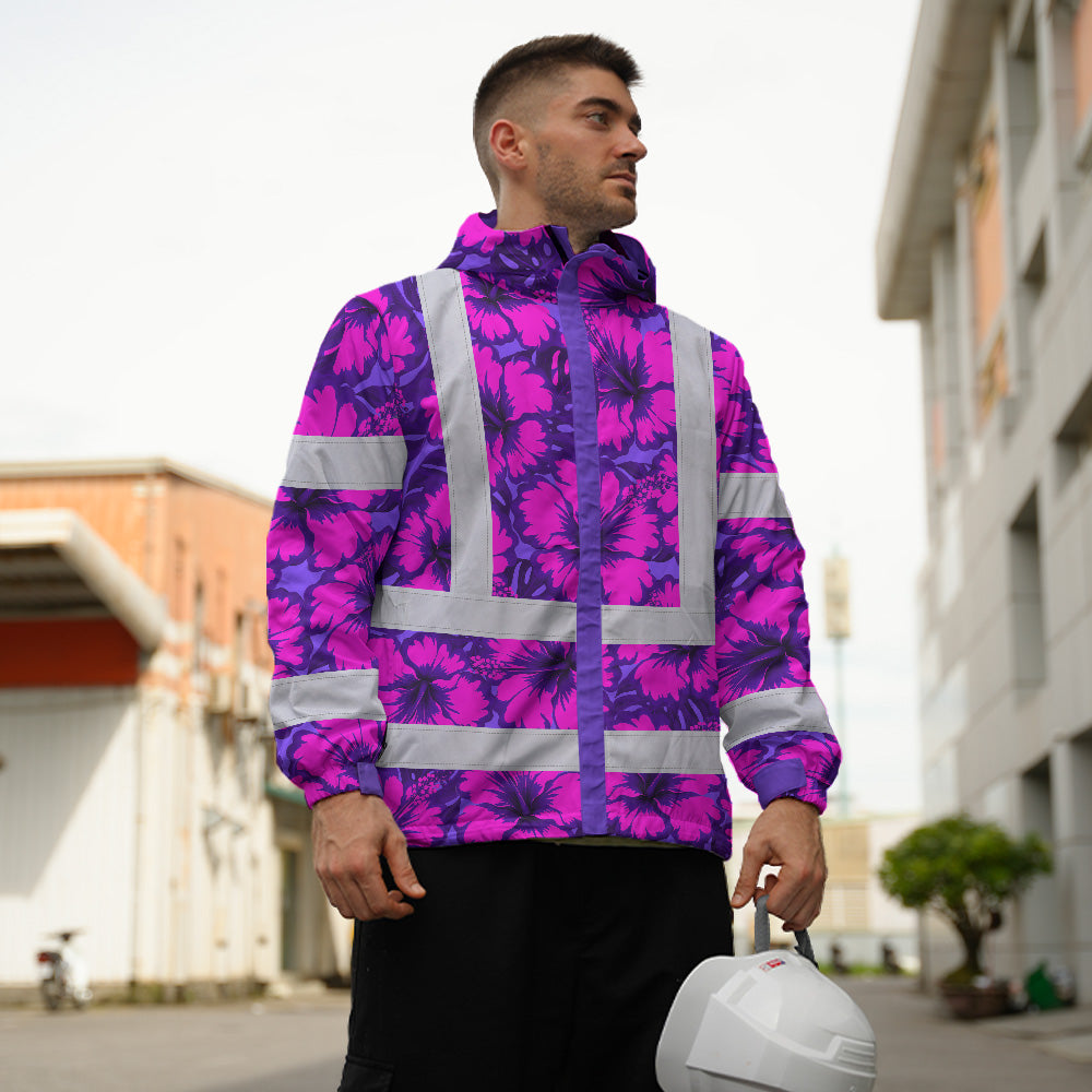 Hi Vis Jacket Waterproof Reflective Tapes Violet Neon And Pink Flowers Custom Name Safety Workwear For Workers, Truckers, Operators