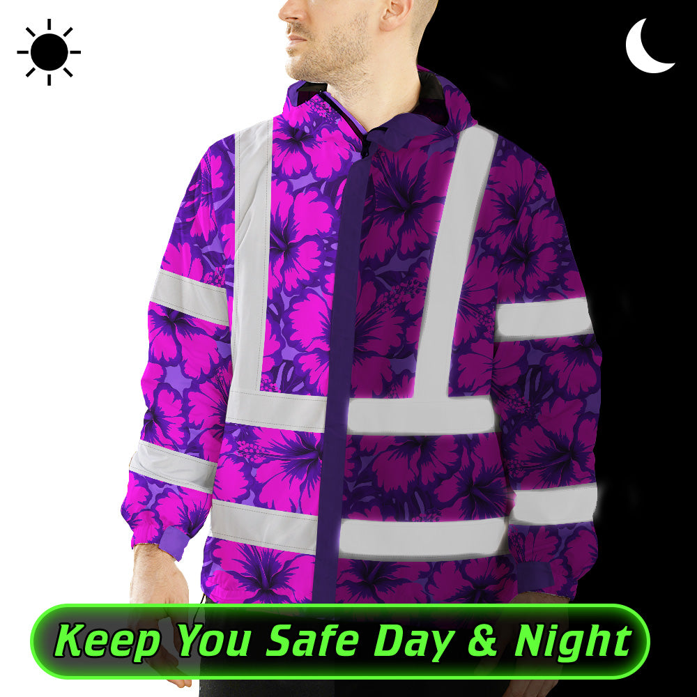 Hi Vis Jacket Waterproof Reflective Tapes Violet Neon And Pink Flowers Custom Name Safety Workwear For Workers, Truckers, Operators
