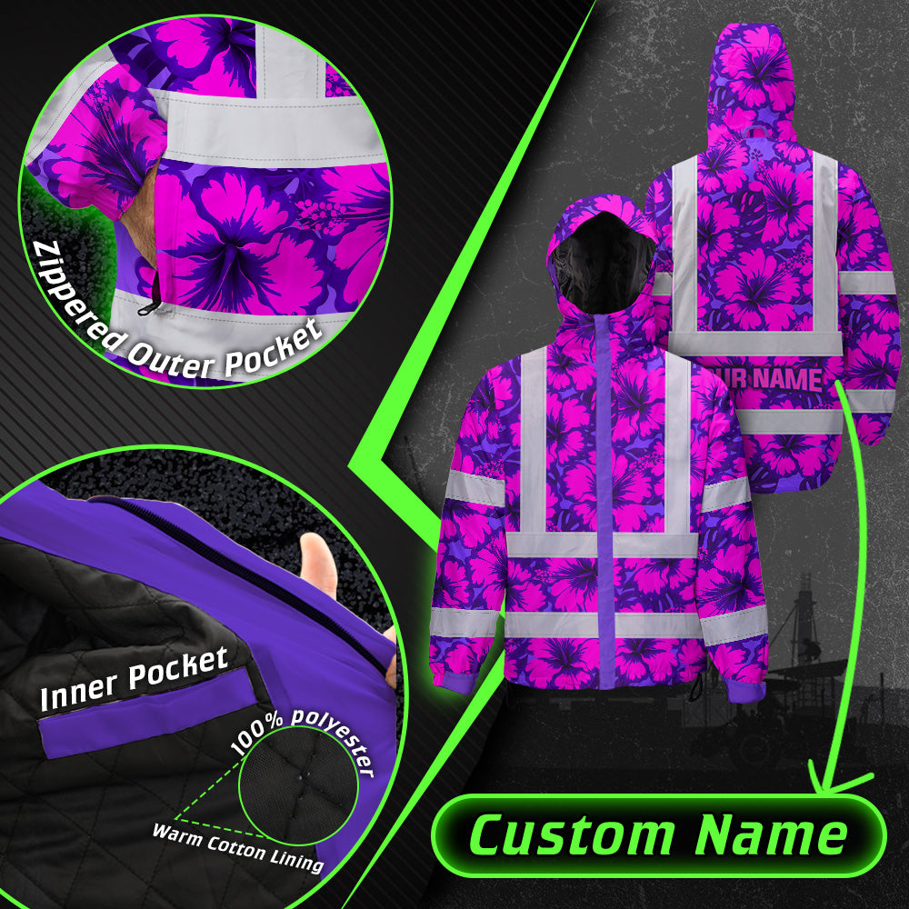Hi Vis Jacket Waterproof Reflective Tapes Violet Neon And Pink Flowers Custom Name Safety Workwear For Workers, Truckers, Operators