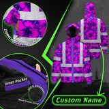 Hi Vis Jacket Waterproof Reflective Tapes Violet Neon And Pink Flowers Custom Name Safety Workwear For Workers, Truckers, Operators