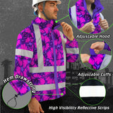 Hi Vis Jacket Waterproof Reflective Tapes Violet Neon And Pink Flowers Custom Name Safety Workwear For Workers, Truckers, Operators