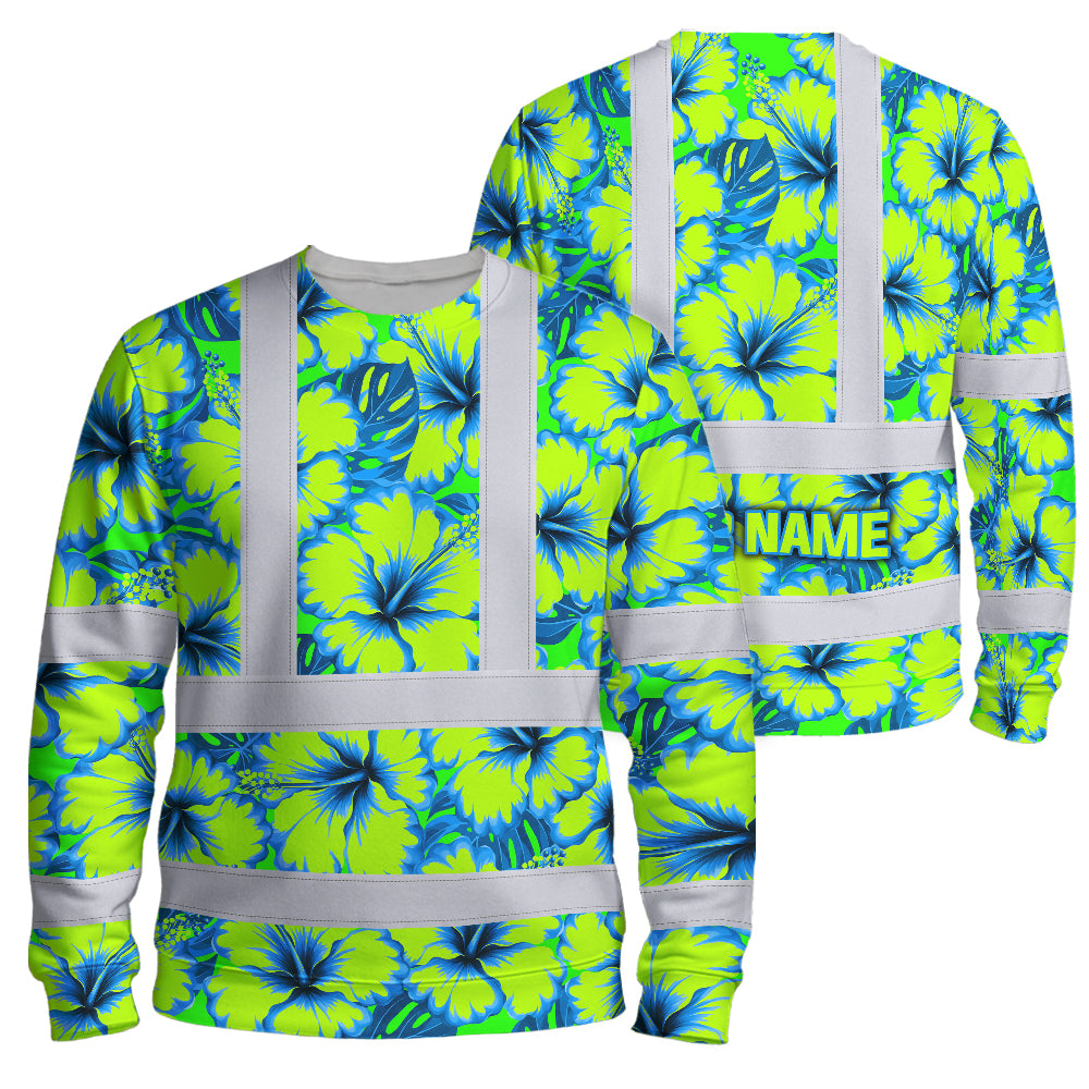 Hi Vis Long Sleeve Shirt Reflective Tapes Blue Neon And Green Flowers Custom Name Safety Workwear For Workers, Truckers, Operators