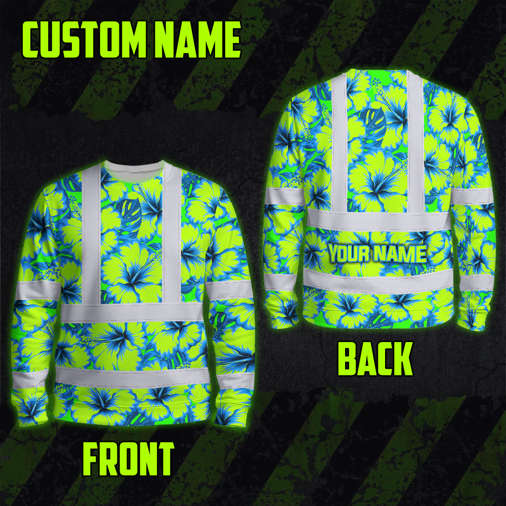 Hi Vis Long Sleeve Shirt Reflective Tapes Blue Neon And Green Flowers Custom Name Safety Workwear For Workers, Truckers, Operators