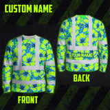Hi Vis Long Sleeve Shirt Reflective Tapes Blue Neon And Green Flowers Custom Name Safety Workwear For Workers, Truckers, Operators