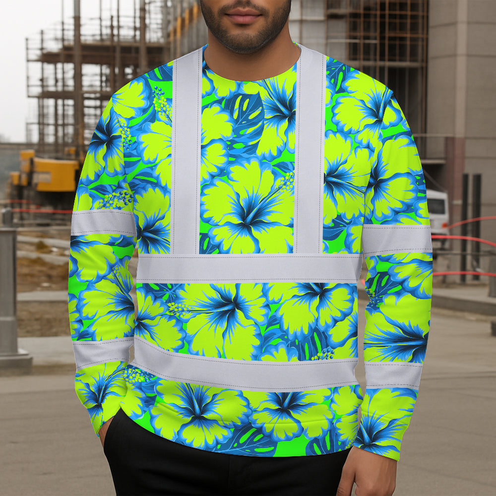 Hi Vis Long Sleeve Shirt Reflective Tapes Blue Neon And Green Flowers Custom Name Safety Workwear For Workers, Truckers, Operators