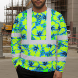 Hi Vis Long Sleeve Shirt Reflective Tapes Blue Neon And Green Flowers Custom Name Safety Workwear For Workers, Truckers, Operators
