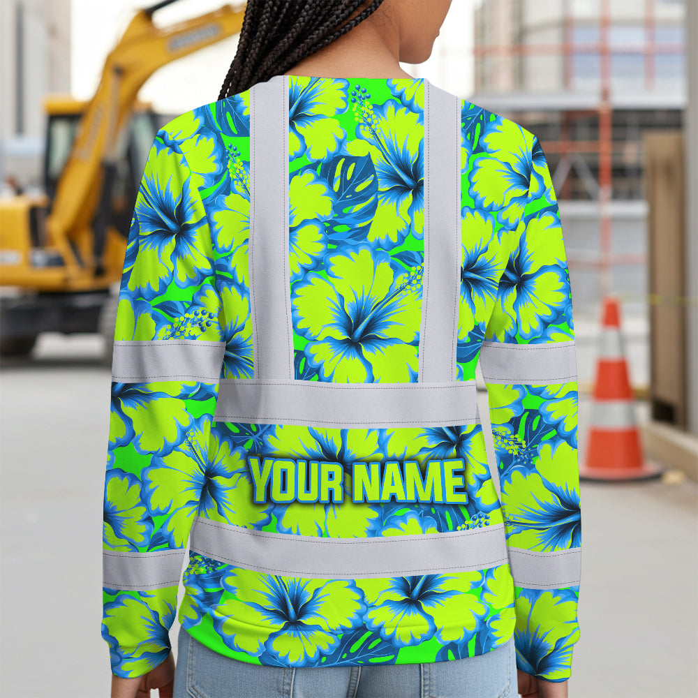 Hi Vis Long Sleeve Shirt Reflective Tapes Blue Neon And Green Flowers Custom Name Safety Workwear For Workers, Truckers, Operators