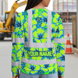 Hi Vis Long Sleeve Shirt Reflective Tapes Blue Neon And Green Flowers Custom Name Safety Workwear For Workers, Truckers, Operators