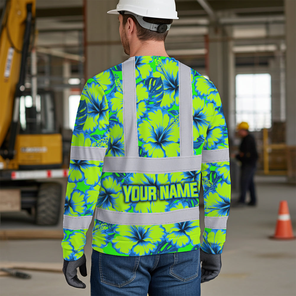 Hi Vis Long Sleeve Shirt Reflective Tapes Blue Neon And Green Flowers Custom Name Safety Workwear For Workers, Truckers, Operators