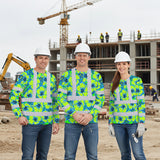 Hi Vis Long Sleeve Shirt Reflective Tapes Blue Neon And Green Flowers Custom Name Safety Workwear For Workers, Truckers, Operators