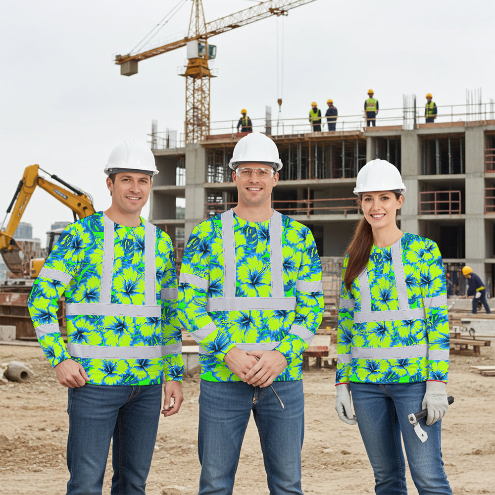 Hi Vis Long Sleeve Shirt Reflective Tapes Blue Neon And Green Flowers Custom Name Safety Workwear For Workers, Truckers, Operators