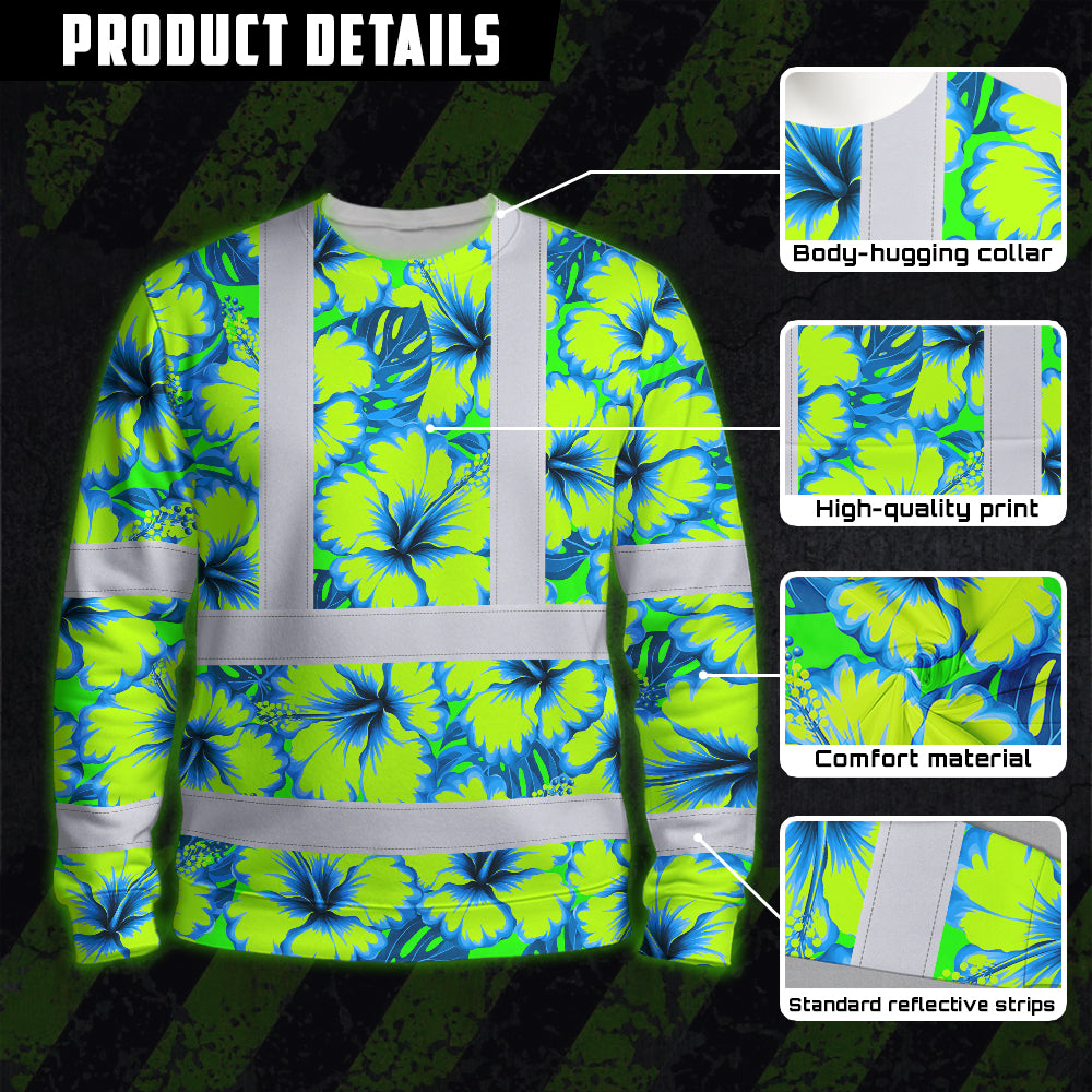 Hi Vis Long Sleeve Shirt Reflective Tapes Blue Neon And Green Flowers Custom Name Safety Workwear For Workers, Truckers, Operators