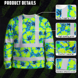 Hi Vis Long Sleeve Shirt Reflective Tapes Blue Neon And Green Flowers Custom Name Safety Workwear For Workers, Truckers, Operators