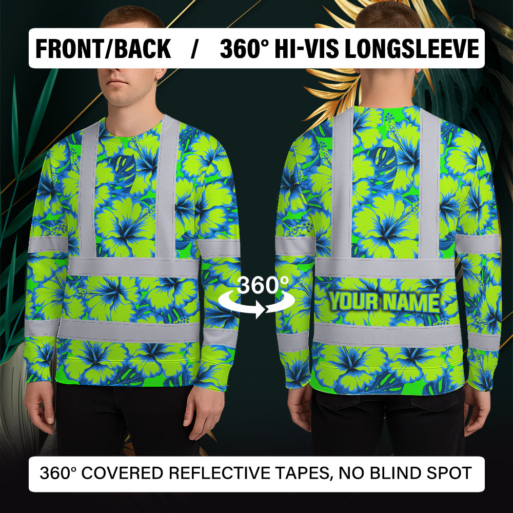 Hi Vis Long Sleeve Shirt Reflective Tapes Blue Neon And Green Flowers Custom Name Safety Workwear For Workers, Truckers, Operators