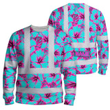 Hi Vis Long Sleeve Shirt Reflective Tapes Blue Neon And Pink Flowers Custom Name Safety Workwear For Workers, Truckers, Operators