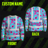 Hi Vis Long Sleeve Shirt Reflective Tapes Blue Neon And Pink Flowers Custom Name Safety Workwear For Workers, Truckers, Operators