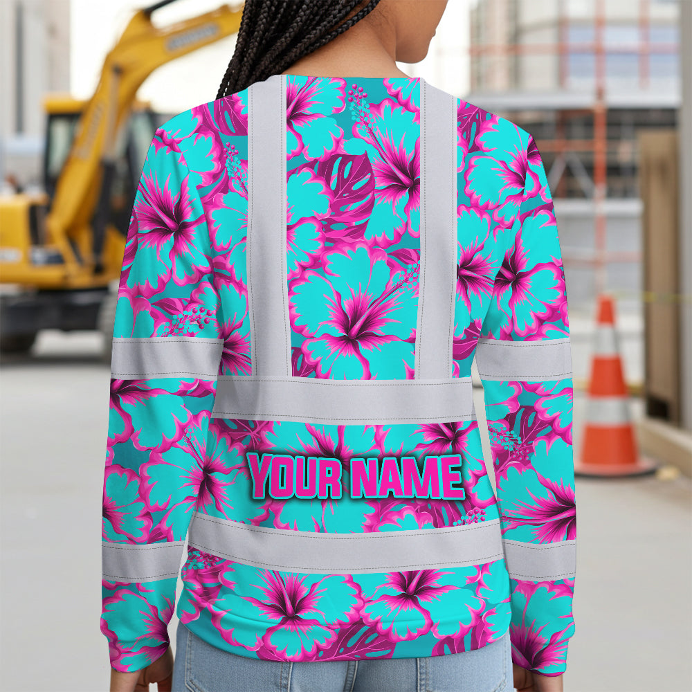 Hi Vis Long Sleeve Shirt Reflective Tapes Blue Neon And Pink Flowers Custom Name Safety Workwear For Workers, Truckers, Operators