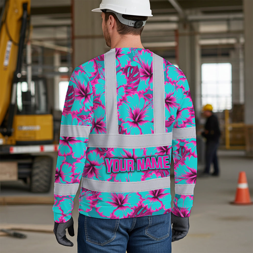 Hi Vis Long Sleeve Shirt Reflective Tapes Blue Neon And Pink Flowers Custom Name Safety Workwear For Workers, Truckers, Operators