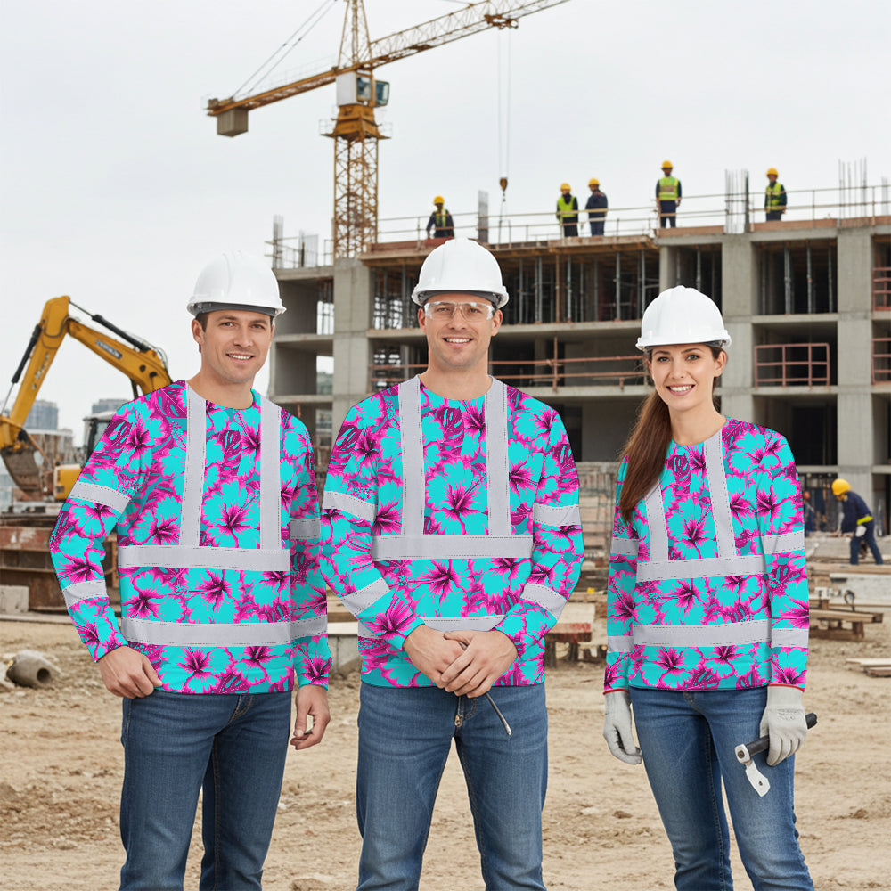 Hi Vis Long Sleeve Shirt Reflective Tapes Blue Neon And Pink Flowers Custom Name Safety Workwear For Workers, Truckers, Operators