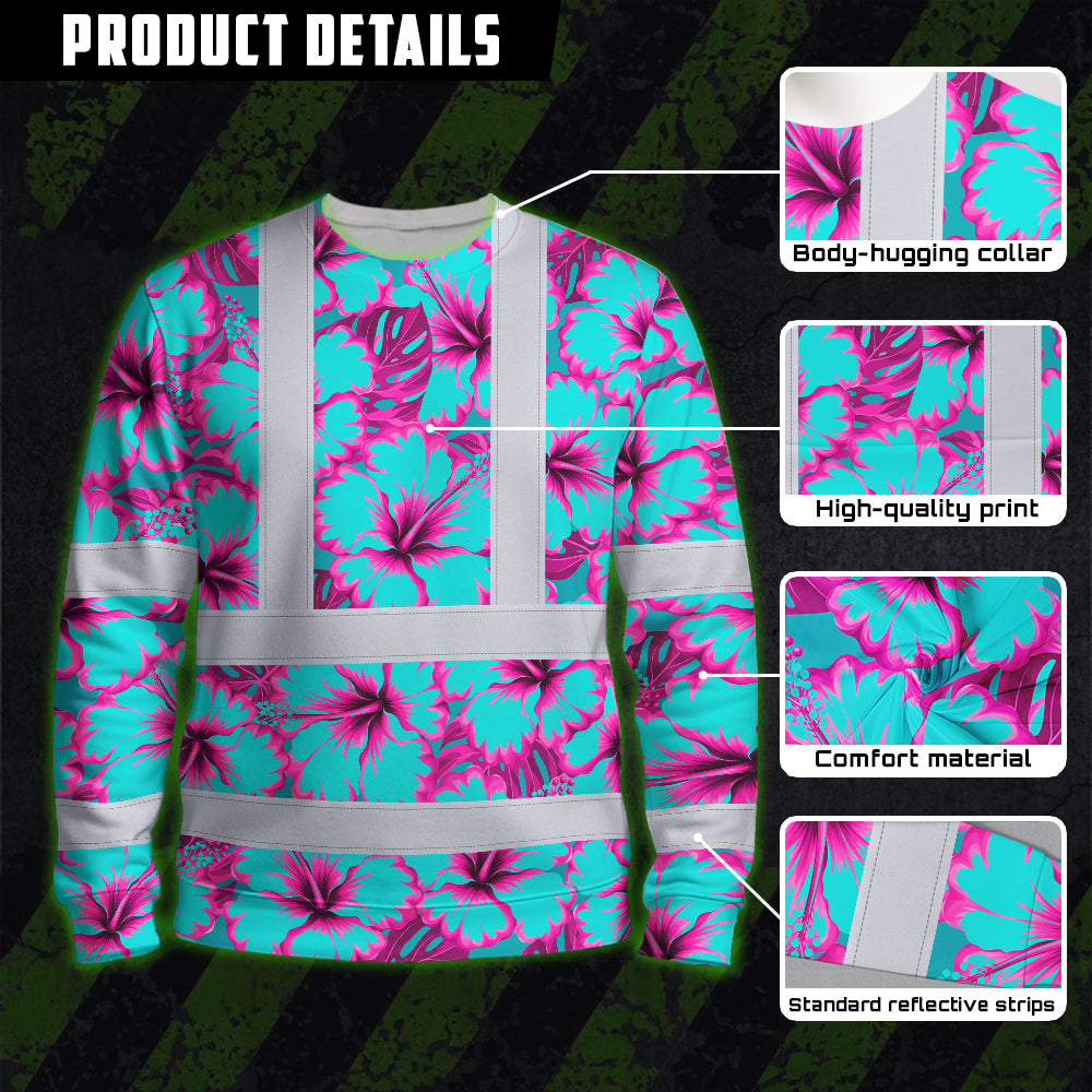 Hi Vis Long Sleeve Shirt Reflective Tapes Blue Neon And Pink Flowers Custom Name Safety Workwear For Workers, Truckers, Operators