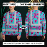 Hi Vis Long Sleeve Shirt Reflective Tapes Blue Neon And Pink Flowers Custom Name Safety Workwear For Workers, Truckers, Operators
