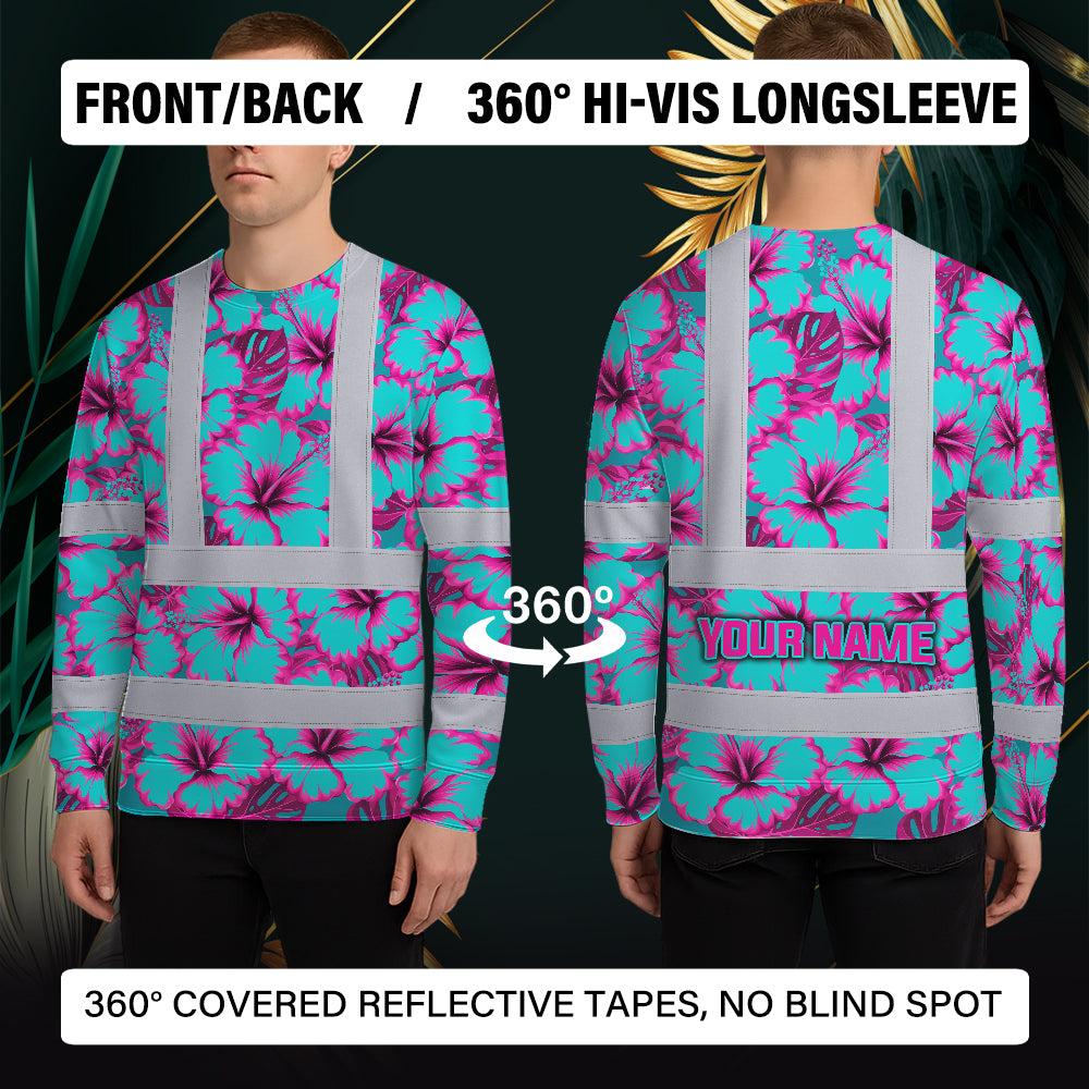 Hi Vis Long Sleeve Shirt Reflective Tapes Blue Neon And Pink Flowers Custom Name Safety Workwear For Workers, Truckers, Operators