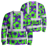 Hi Vis Long Sleeve Shirt Reflective Tapes Green Neon And Violet Flowers Custom Name Safety Workwear For Workers, Truckers, Operators