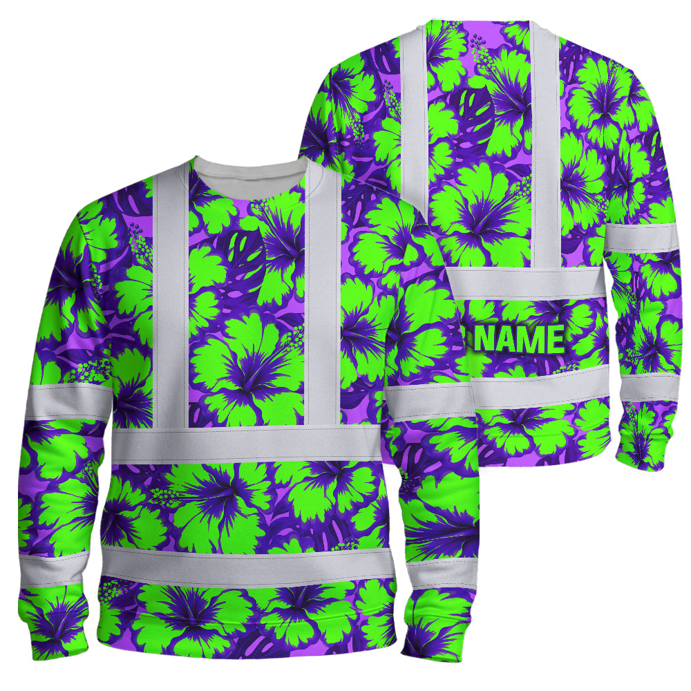 Hi Vis Long Sleeve Shirt Reflective Tapes Green Neon And Violet Flowers Custom Name Safety Workwear For Workers, Truckers, Operators