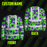 Hi Vis Long Sleeve Shirt Reflective Tapes Green Neon And Violet Flowers Custom Name Safety Workwear For Workers, Truckers, Operators