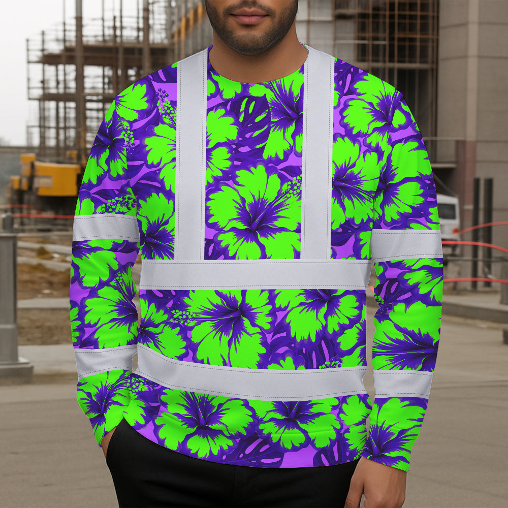 Hi Vis Long Sleeve Shirt Reflective Tapes Green Neon And Violet Flowers Custom Name Safety Workwear For Workers, Truckers, Operators
