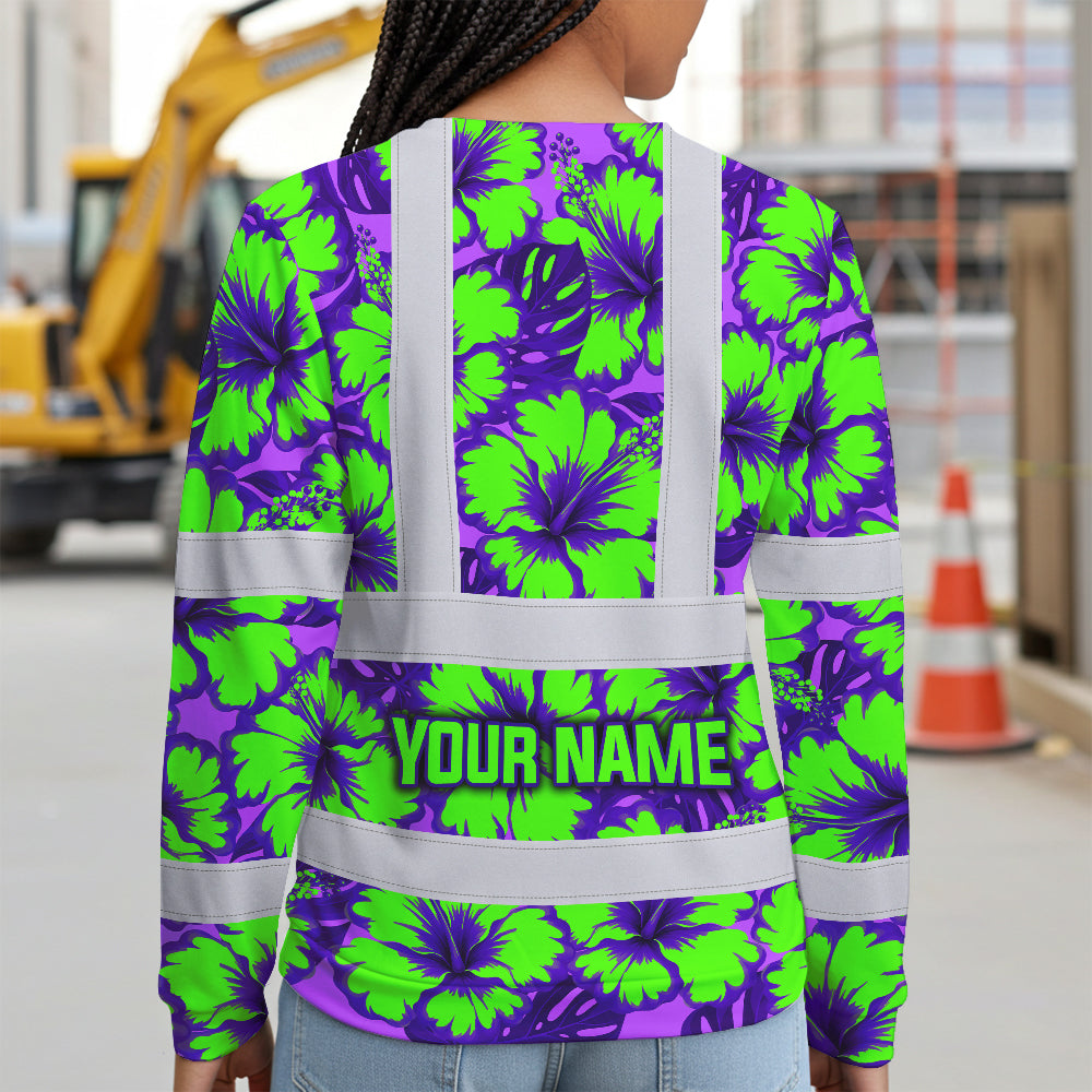 Hi Vis Long Sleeve Shirt Reflective Tapes Green Neon And Violet Flowers Custom Name Safety Workwear For Workers, Truckers, Operators
