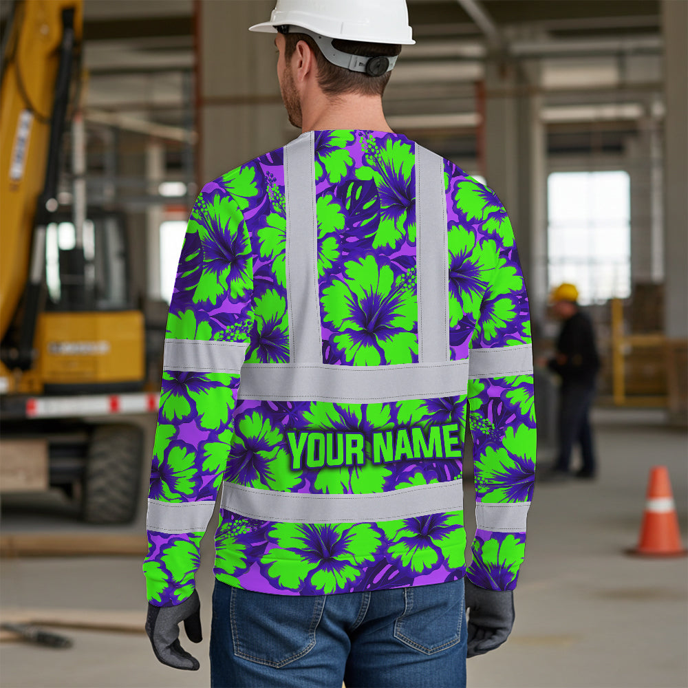 Hi Vis Long Sleeve Shirt Reflective Tapes Green Neon And Violet Flowers Custom Name Safety Workwear For Workers, Truckers, Operators