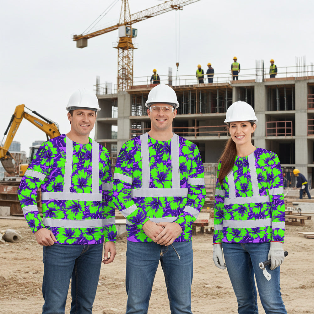 Hi Vis Long Sleeve Shirt Reflective Tapes Green Neon And Violet Flowers Custom Name Safety Workwear For Workers, Truckers, Operators