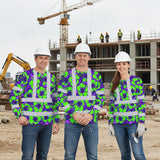 Hi Vis Long Sleeve Shirt Reflective Tapes Green Neon And Violet Flowers Custom Name Safety Workwear For Workers, Truckers, Operators