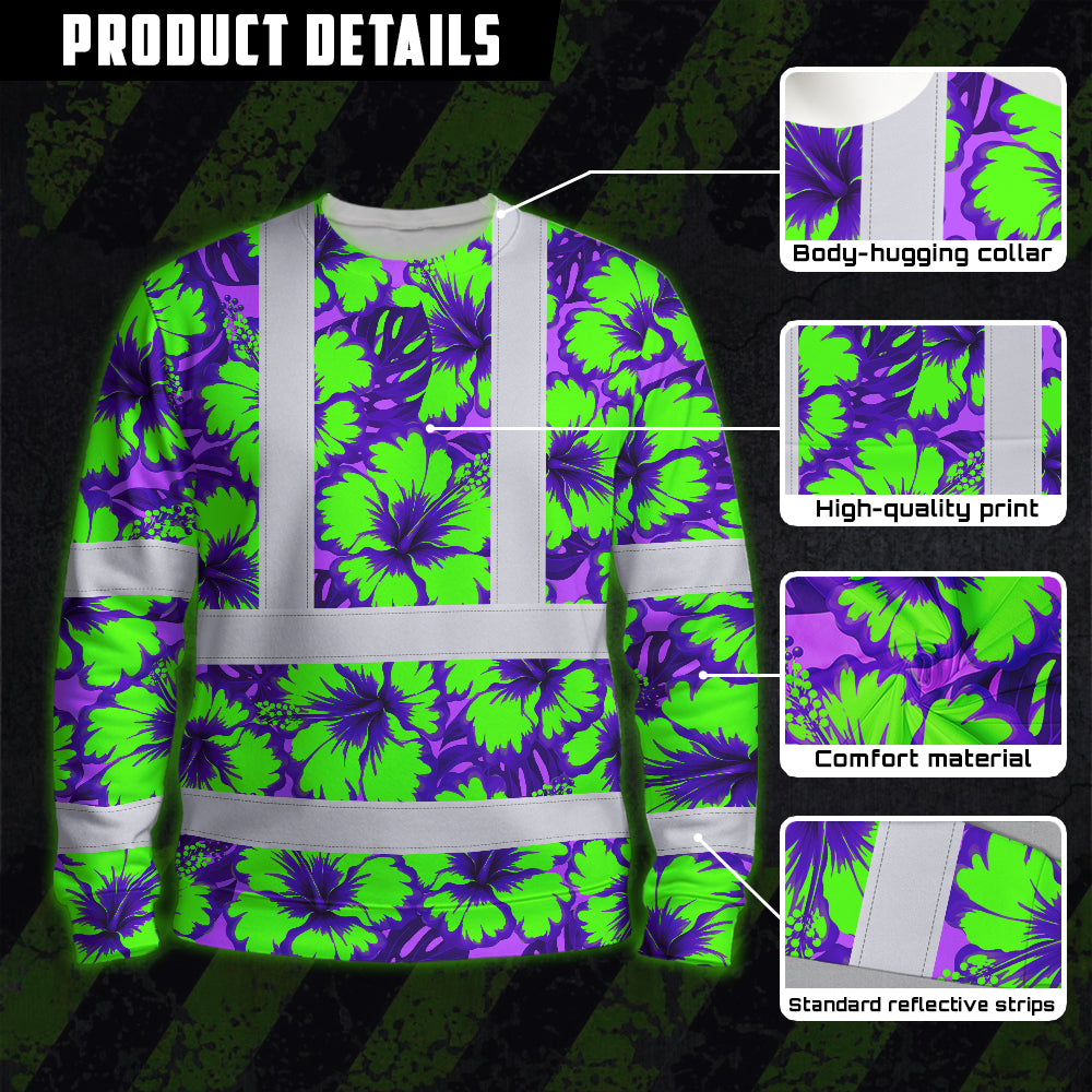 Hi Vis Long Sleeve Shirt Reflective Tapes Green Neon And Violet Flowers Custom Name Safety Workwear For Workers, Truckers, Operators