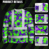Hi Vis Long Sleeve Shirt Reflective Tapes Green Neon And Violet Flowers Custom Name Safety Workwear For Workers, Truckers, Operators