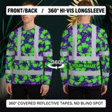Hi Vis Long Sleeve Shirt Reflective Tapes Green Neon And Violet Flowers Custom Name Safety Workwear For Workers, Truckers, Operators