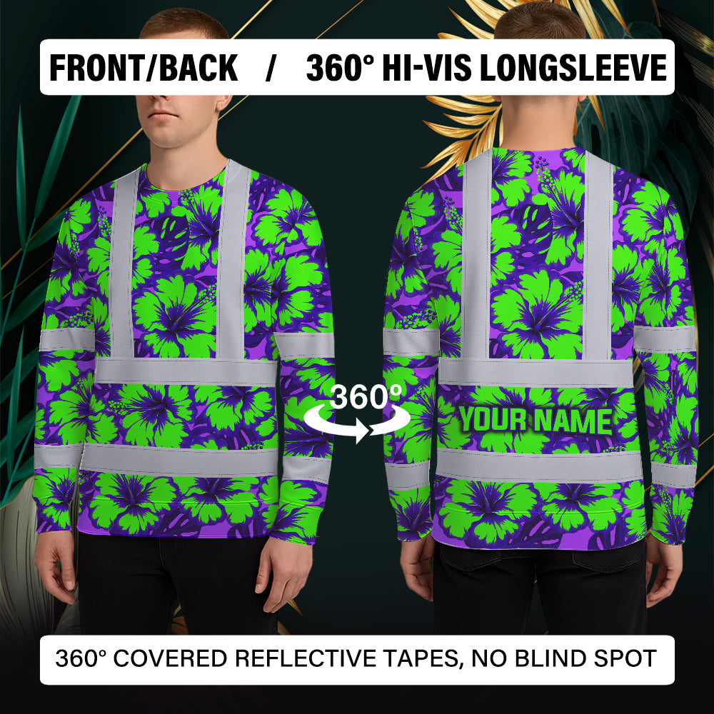 Hi Vis Long Sleeve Shirt Reflective Tapes Green Neon And Violet Flowers Custom Name Safety Workwear For Workers, Truckers, Operators
