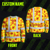 Hi Vis Long Sleeve Shirt Reflective Tapes Orange Neon And Yellow Flowers Custom Name Safety Workwear For Workers, Truckers, Operators