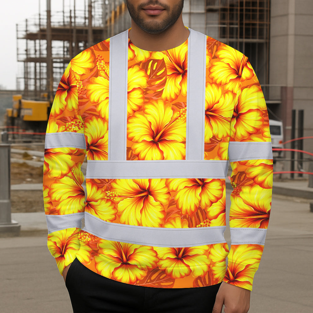 Hi Vis Long Sleeve Shirt Reflective Tapes Orange Neon And Yellow Flowers Custom Name Safety Workwear For Workers, Truckers, Operators