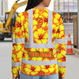 Hi Vis Long Sleeve Shirt Reflective Tapes Orange Neon And Yellow Flowers Custom Name Safety Workwear For Workers, Truckers, Operators