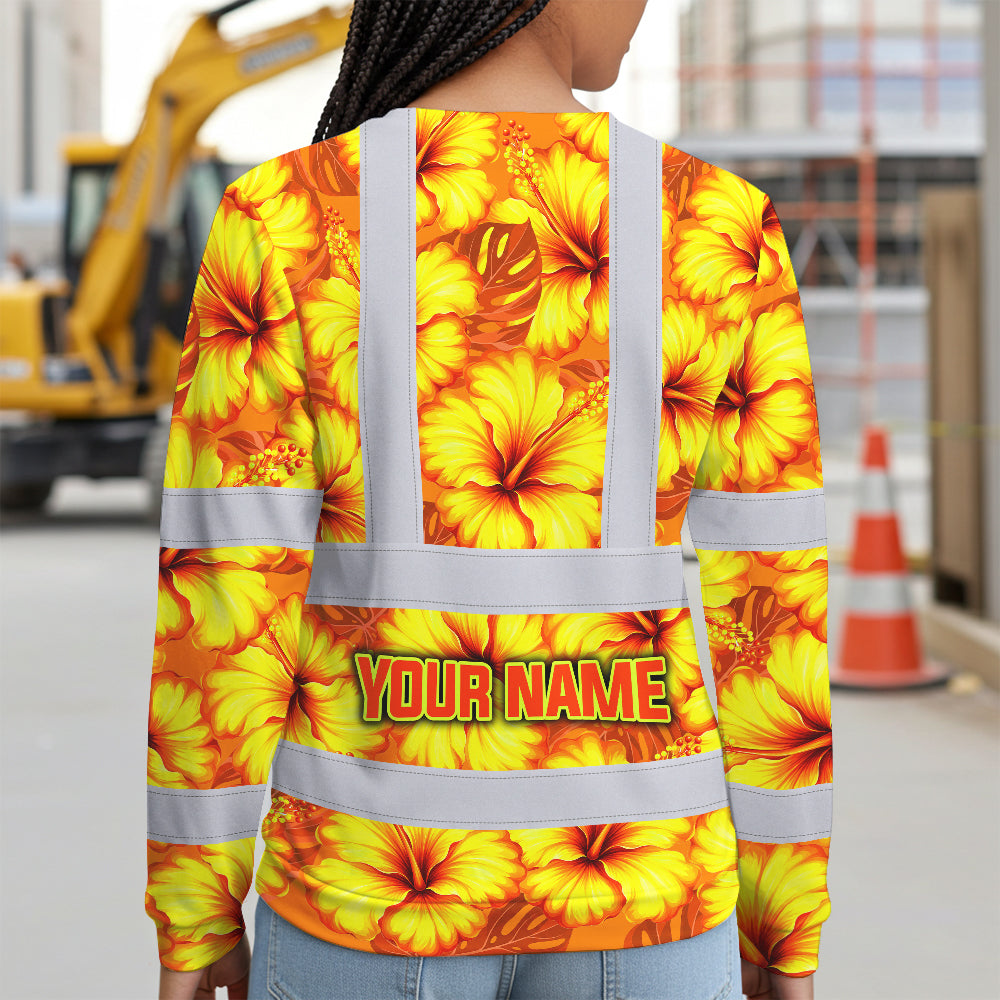Hi Vis Long Sleeve Shirt Reflective Tapes Orange Neon And Yellow Flowers Custom Name Safety Workwear For Workers, Truckers, Operators